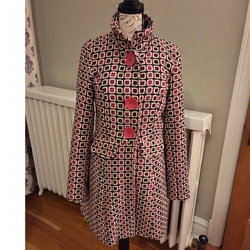 Y2K Bouclé Coat, Pink Tweed, Coquette, Twee, Mod, Retro, Statement Jacket, Sz M - Picture 1 of 15
